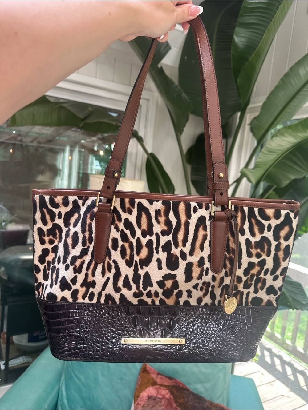 Brahmin Leopard Print Tote with Brown Croc Trim